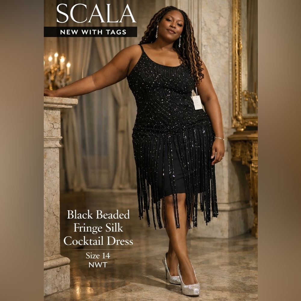 NWT Scala Black Beaded Fringe Silk Cocktail Dress  Flapper Style Evening Dress